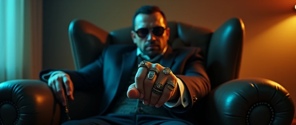 Egostic gangster has 9 fingers left hand thumb was cut by villan . Now hero holding gun and sitting in chair with his hand dreadful gangster , nine fingers, rings,  swag, style , cinematic