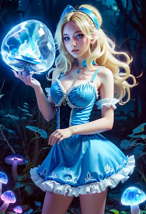 a beautiful 20 year old blonde woman with big messy hair in a blue dress, white stockings, black headband, cleavage, holding a glowing mushroom, fantasy art style, rossdraws cartoon vibrant, alice x. zhang, alice in wonderland cyberpunk, cute detailed digi...