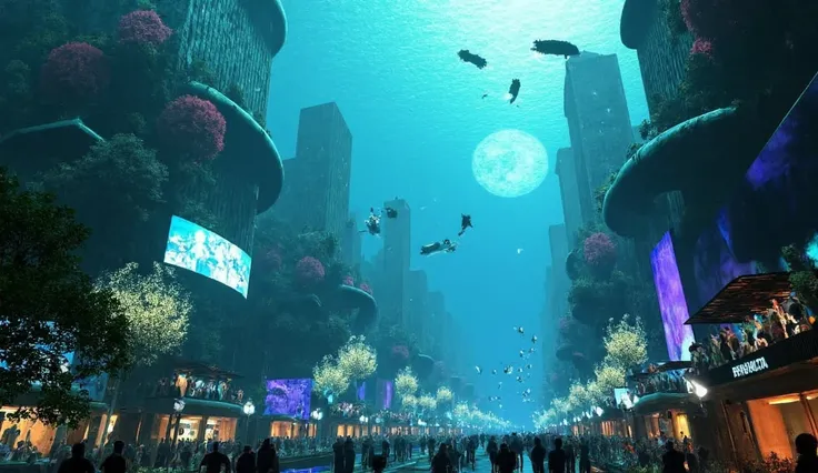 "Create an incredible view of a bustling and futuristic underwater city, seen from the perspective of one of its busy streets, looking up from below. The city is huge and intricately detailed, imposing buildings, elegant modern designs, and translucent gla...