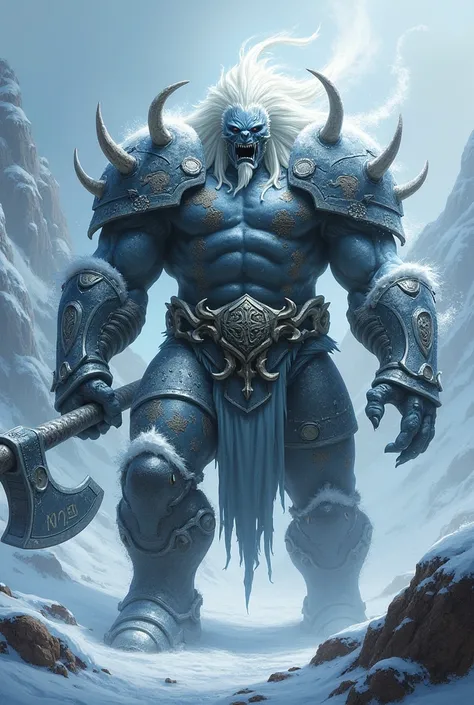 snow beast looks like a person, with an ax in armor, snow background, winter cold