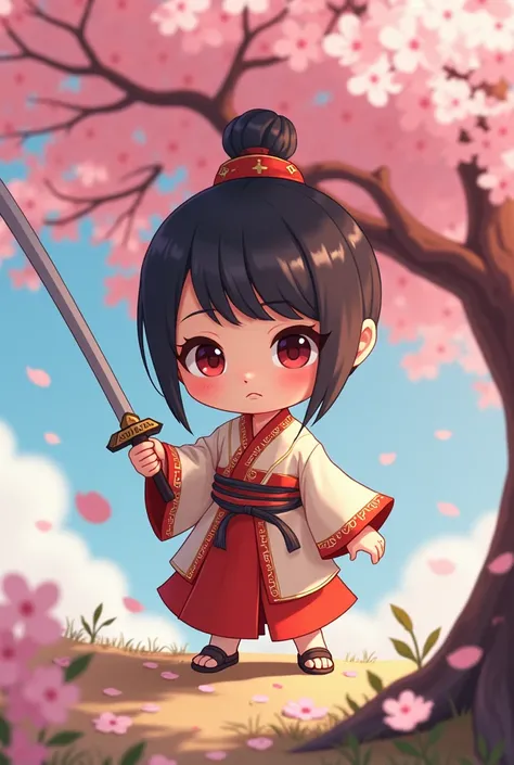 A chibi character of an asian girl who is a taoist with a sword weapon with a cherry blossom tree at the background