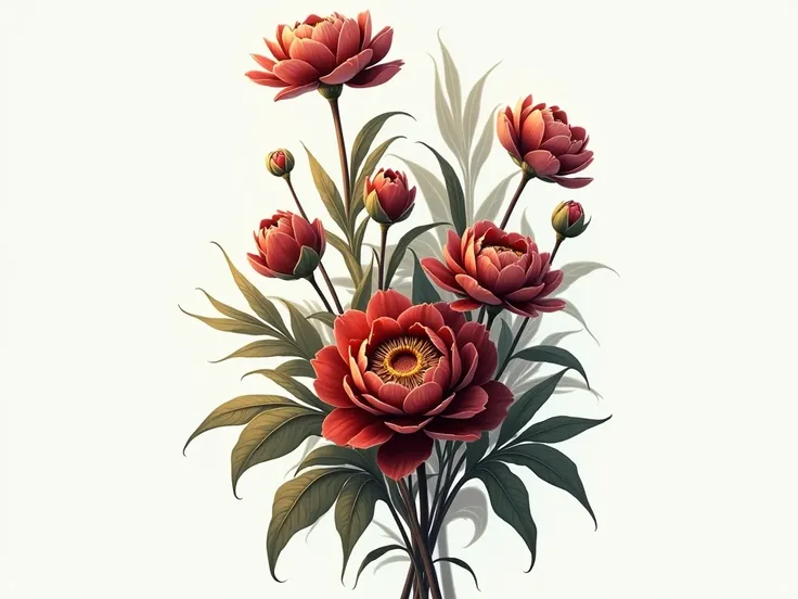 Dark-colored peony flowers blooming on a light background ,  brightly outlined petals and leaves are collected in a large bouquet