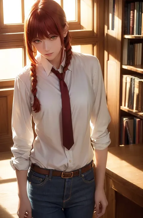 masterpiece, (photorealistic:1.4), best quality, beautiful lighting, studying at an old library, sun light shining through the window, warm ,cozy

, makima (chainsaw man), (red hair)+(long one braided hair)+(bangs), yellow eyes, golden eyes, (ringed eyes),...