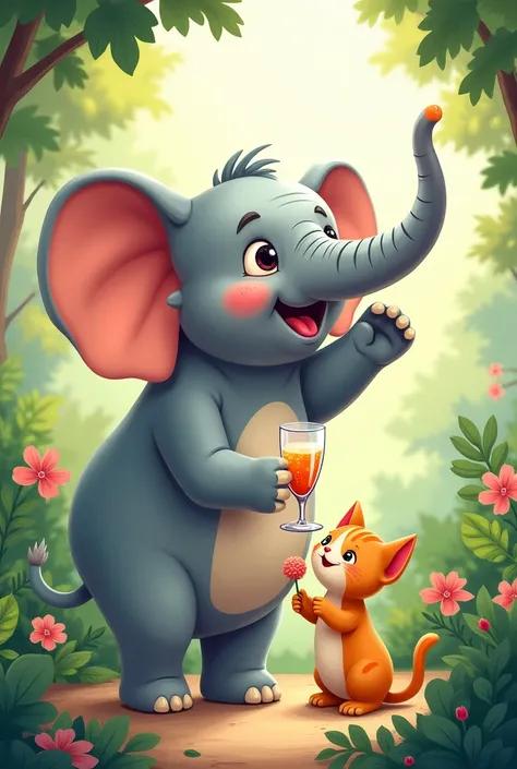 An elephant cheers drink with cat