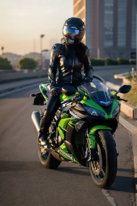 kawasakininja300, 1girl, sitting on bike, front view, race, epic, smoke, gold bike, solo, gloves, jacket, outdoors,bodysuit, hel...