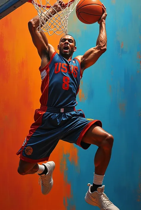 Show me a painting, basketball player two handed slam without audience and pictured at the corner