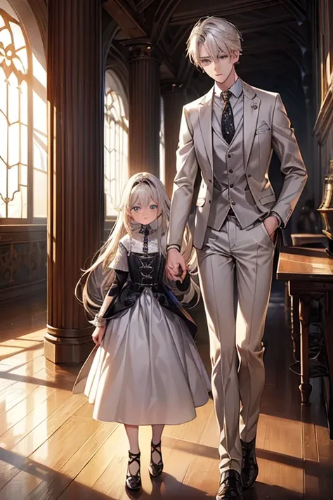 {masterpiece},{ best quality},{1 girl and boy }, cute, wonderful, beautiful、 silver haired boy and blonde girl、Friendly 、Walking hand in hand 、Get close, detailed , depth of writing, highly detailed CG ,original,  Very Detailed Wallpaper, calm 、 fantasy 