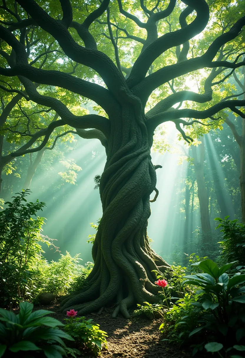 ((masterpiece)) ((photography)) ((highest quality)) an ethereal forest scene featuring a grand, ancient tree whose branches and ...