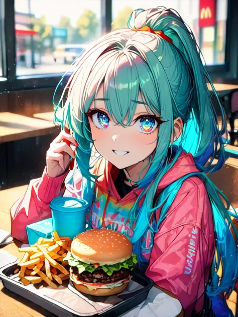 A lively McDonald’s restaurant scene, featuring a cute anime-style girl in casual attire enjoying a hamburger. She is sitting at a bright, modern table, wearing a light pink hoodie and denim shorts, with her hair tied in a playful ponytail. Her cheerful ex...