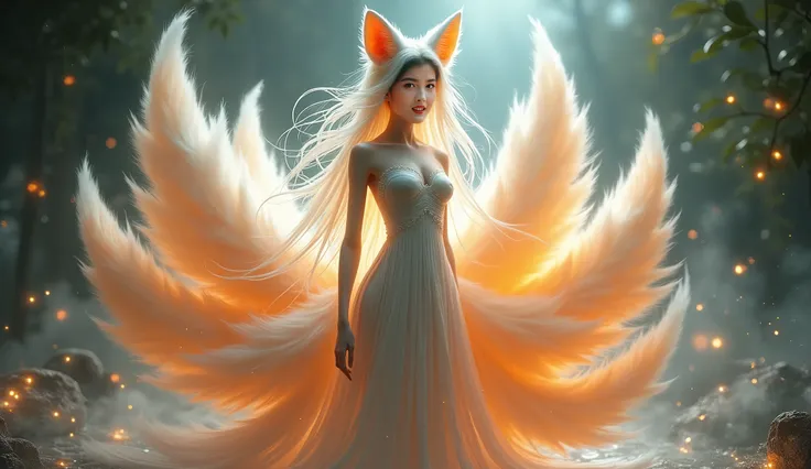 /I Surrounded by water vapor
Bottom view, woman,
Surrounded by water vapor, fluid mechanics,
full of sunlight,
A mystical humanoid nine-tailed fox with a graceful and elegant posture, blending human and fox-like features seamlessly. Its silky fur covers pa...