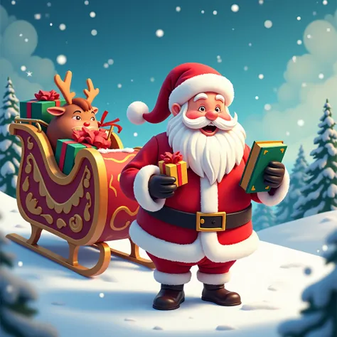  New Year Holiday Santa Claus-Santa Claus Sleigh with Reindeer Beautiful Carved Sleigh Many gifts in a bag Lying on a sleigh ,  Santa Claus Keeps the Book Big ,  Red Nose and Blush A  with short hair and white hair stands with a small gift with a bow, smil...