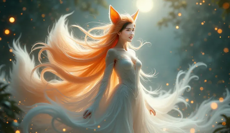 /I Surrounded by water vapor
Bottom view, woman,
Surrounded by water vapor, fluid mechanics,
full of sunlight,
A mystical humanoid nine-tailed fox with a graceful and elegant posture, blending human and fox-like features seamlessly. Its silky fur covers pa...