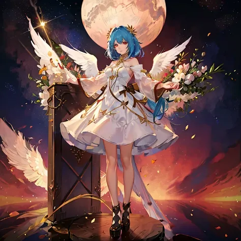 woman,  I have teal hair  , red eyes, smile,  angel wings , Golden halo,  white dress,   standing upright  , In space, Milky Way in the background, Distant Star,  upper body