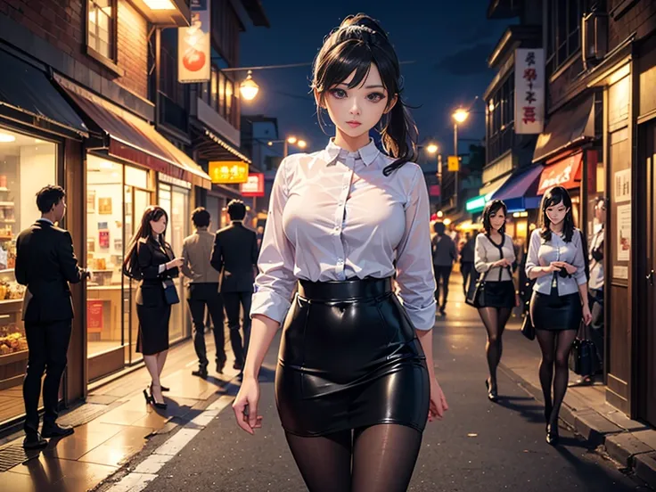 ( masterpiece :1.2), ( Best Quality :1.1, ( lyrics:1.3),  Very detailed 8k CG unit wallpaper ,  depth of field, HDR-10, realistic, detailed eyes, 2 sexy women , standing,   view from the front,  big breasts, black hair short ponytail,  purple eyes, office ...