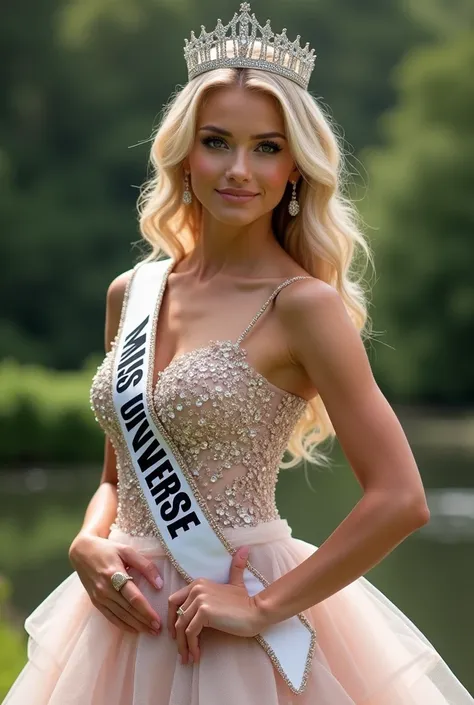 Miss Universe Åland Islands at the Ellen Show, Photoshoot, Wearing Sparkling Crown, Wearing "Miss Universe" Sash, Wearing Fancy Gown Realistic, Ultra HD, Highlt Detailed, Detailed Face, Detailed Hair, Detailed Skin, Åland Islands Scenery Background, Blonde...