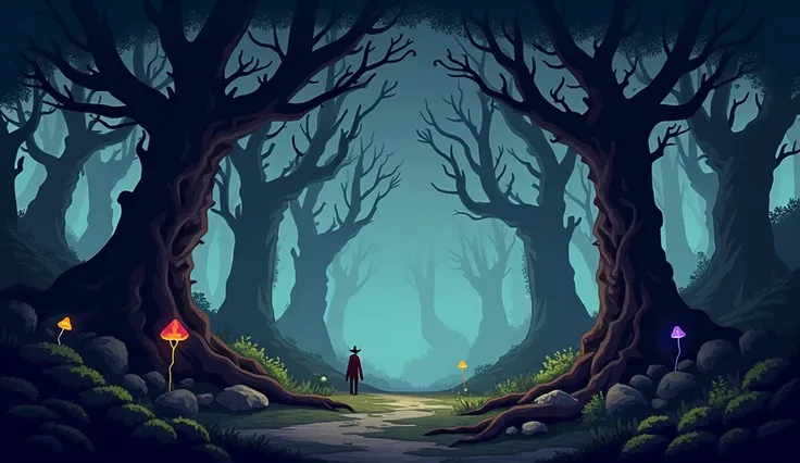 generate a dark pixel forest for a 2D game from the side 