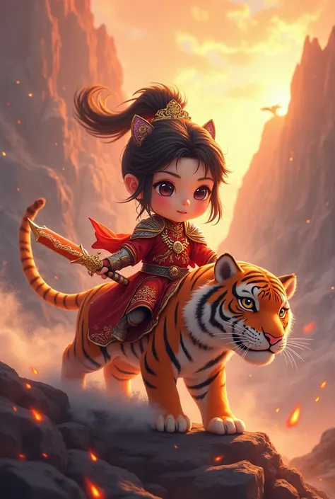 A chibi character of an asian girl who is a taoist with a majestic armor and a blade weapon while riding a tiger mount on a magma mountain