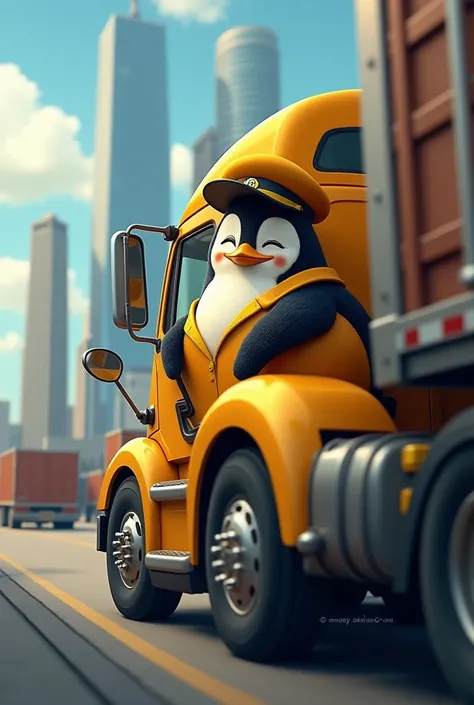 Penguin trucker driving a truck, uniformed yellow and black 