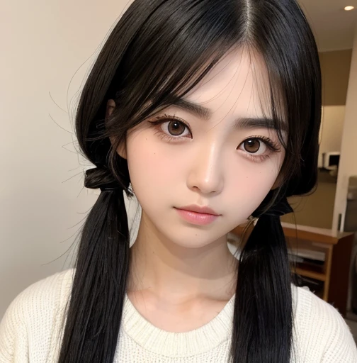 medium hair,black hair,straight hair,thick eyebrows,black eyebrows,Upturned eye,Asian eyes,oblong face,angled eyebrows,double eyelid,low twintails,mov,arched eyebrows