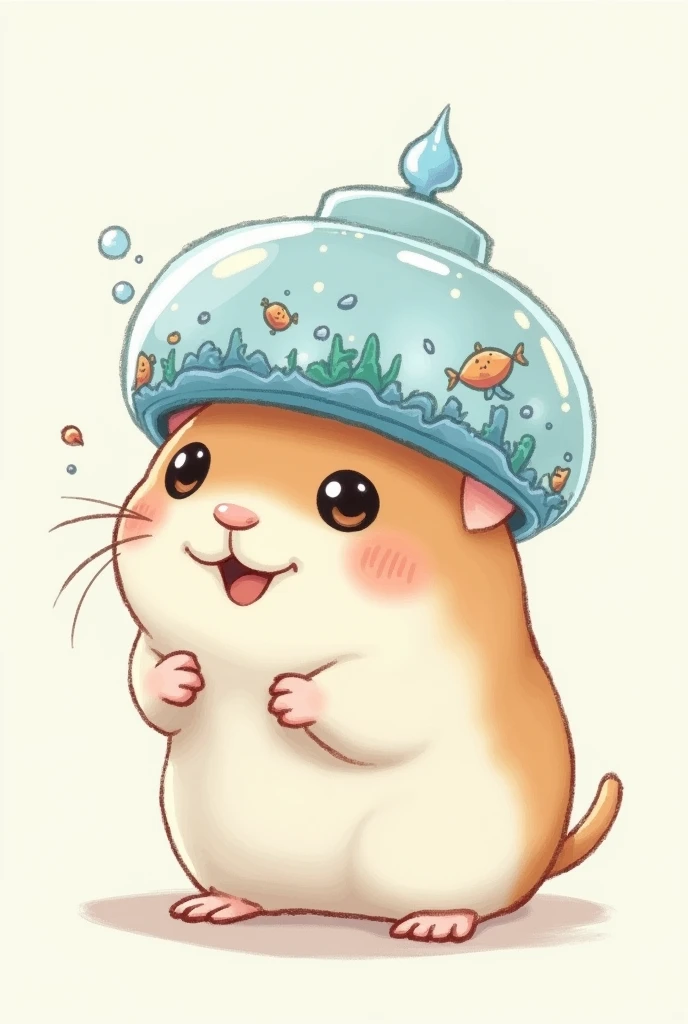  Hamster with Living Water hat, cute drawing with blue and white  
