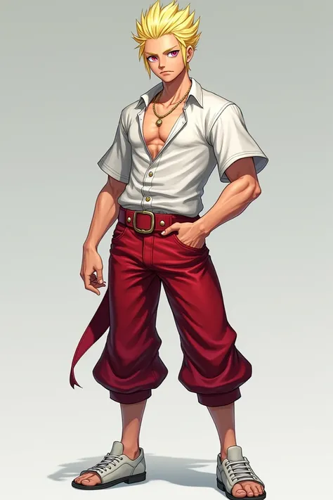  Create a male character with a youthful appearance and feminine facial features ,magenta red eyes , very short blond hair with a sharper hairstyle and a convinced face , an athletic body with defined muscles wearing a white mens short-sleeved pirate shirt...