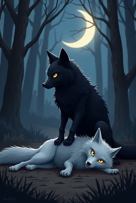 A digitally created image set in a dramatic nighttime scene where a defeated white fox lies lifeless on the ground, its pristine fur stained and matted from a fierce battle. Standing triumphantly over the fallen white fox is a sleek and powerful black fox,...