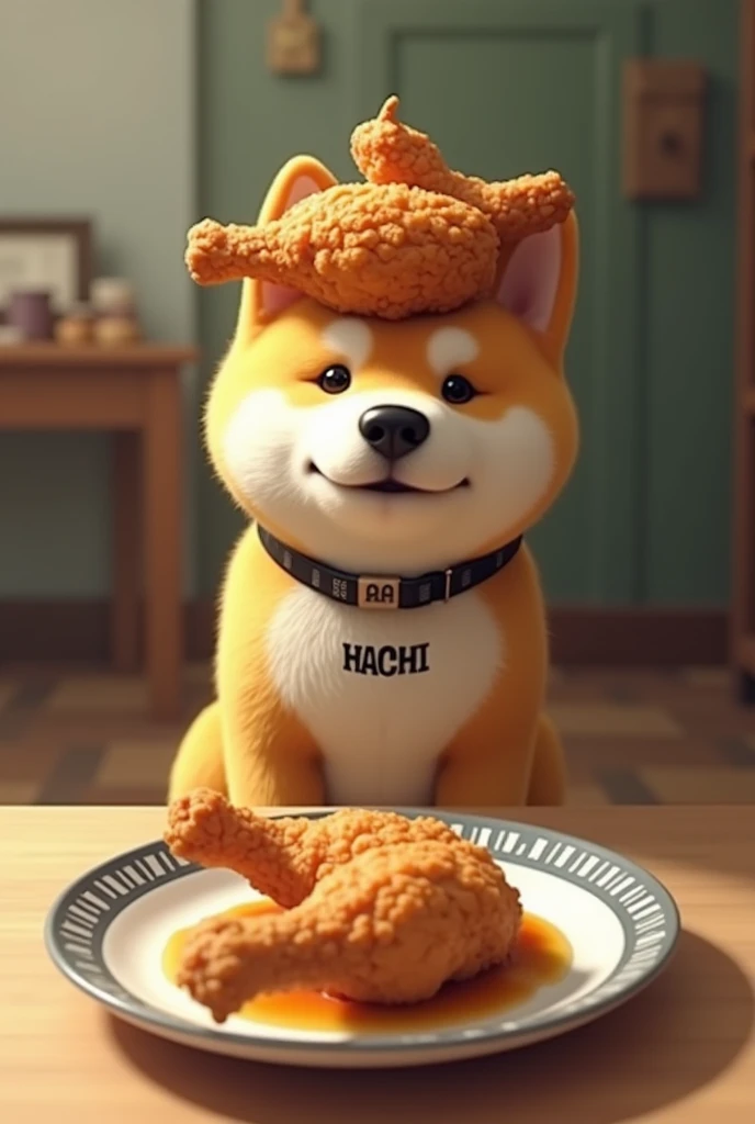 There is a plate with the letters KAA on the Akita dog collar。 chicken on the head 。 there is a plate in front of me and fried chicken is placed on it 。HACHI letters on the plate 。 sitting and waiting and salivating 。