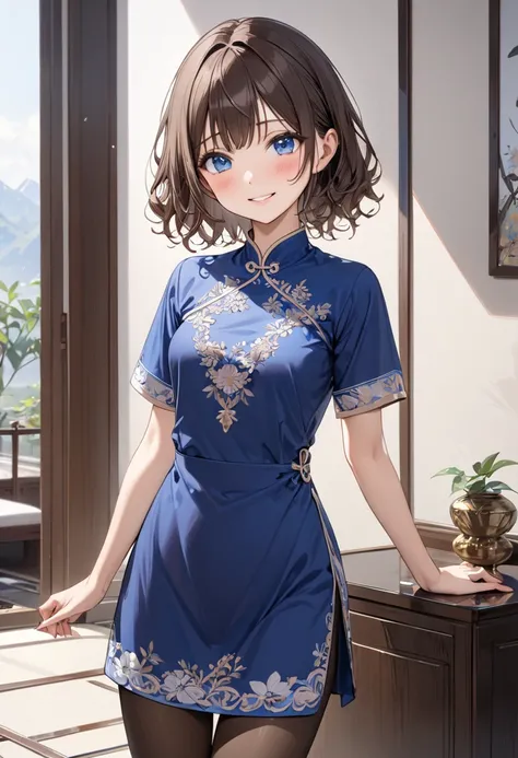 masterpiece,  best quality, Thin legs,  beautiful details , Fine skin,  1 girl ,  Expressive Blue Eyes ,  small breasts, Brown Hair, red、Short sleeve Chinese dress、 pantyhose、smile、blush、 medium hair, wavy hair、 living room 、 standing、