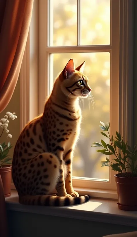 Savannah cat looking out the window of the house