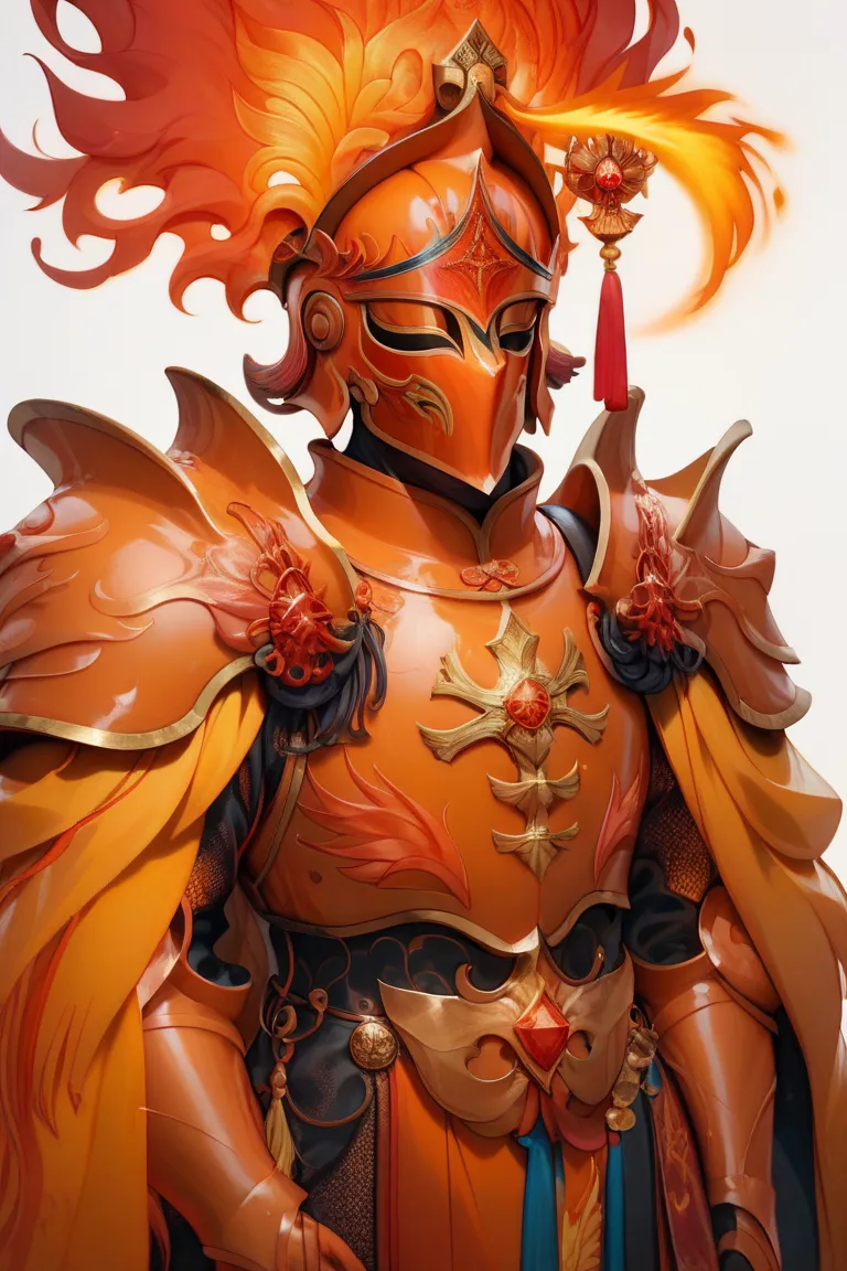 arm0rs3nt1n3l,full helmet,chestplate,fire cape,fire crown,facing viewer,orange armor,gold details,copper colored details,phoenix...