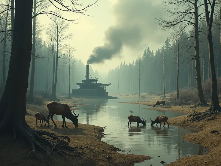 image of a forest with animals in a river with almost no water and a machine that cuts trees in the back with smoke in the machine