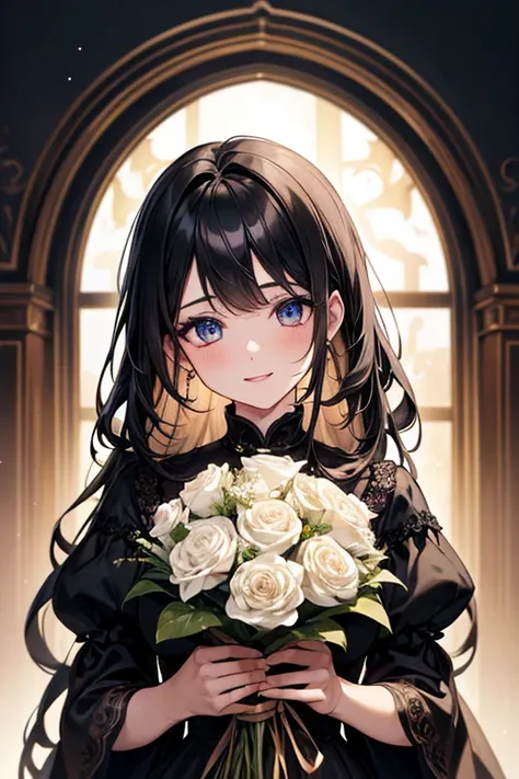 {masterpiece},{ best quality},{ one girl }, cute, wonderful,  beautiful detailed eyes、 detailed , depth of writing, highly detailed CG ,original,  Very Detailed Wallpaper, black hair、 simple dress 、Bright view、Im holding a big bouquet、 watching viewers 、 u...