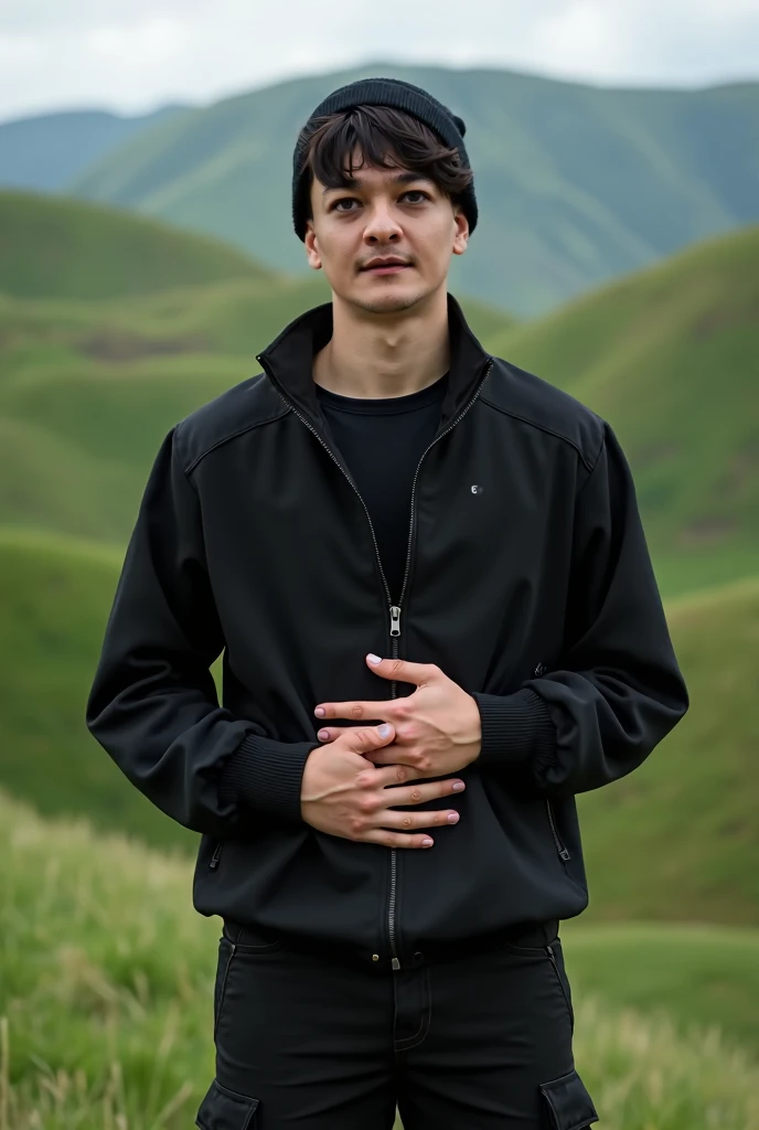 Real human photo A 23 years old man,  short  staruggt  black hair, handsome, white skin, wearing plain black  zipped up jacket,, black cargo  pant, black beannie,  barefoot, standingg  with Both hands were resting on the stomach, one on top of the other, h...