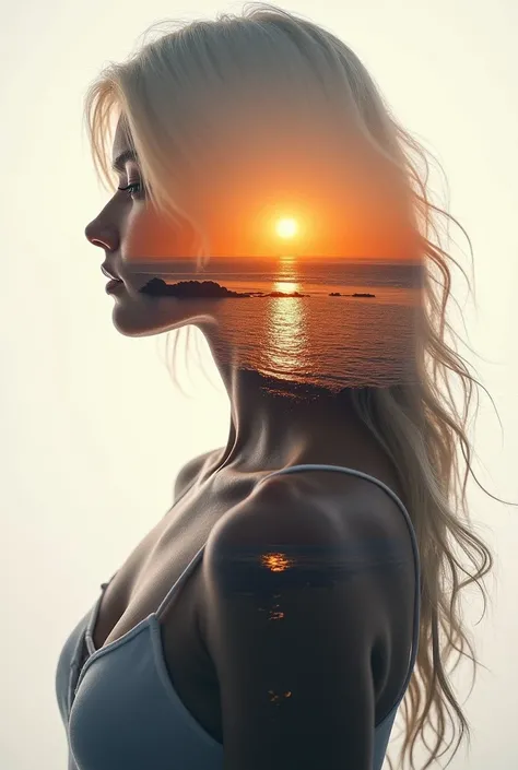 high quality, 8K Ultra HD, A beautiful double exposure that combines an goddess silhouette with sunset coast, sunset coast should serve as the underlying backdrop, with its details incorporated into the goddess , crisp lines, The background is monochrome, ...