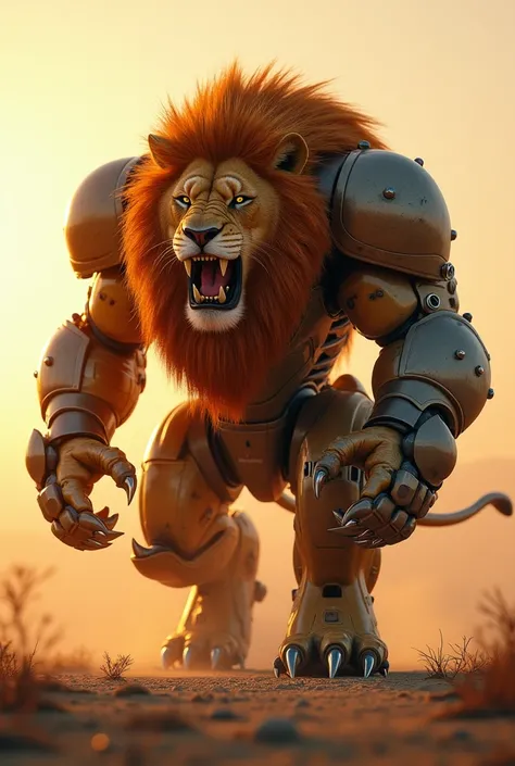 : "A lion hybrid with a tank-inspired body moves steadily across a desolate landscape, its armored plating gleaming in the dusk. The growl of its engine-like roar reverberates through the air as its massive claws dig into the ground with mechanical precisi...