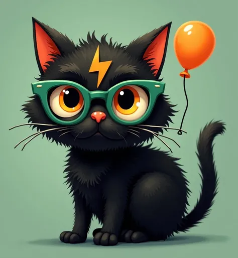 cat with a completely black body Hexadecimal #2B2B2B, orange eyes Hexadecimal #F18713, orange nose and ear hair Hexadecimal #F18713, wearing clean green glasses Hexadecimal #9FF04F, a birthmark on the forehead in the shape of a balloon in the color Orange ...