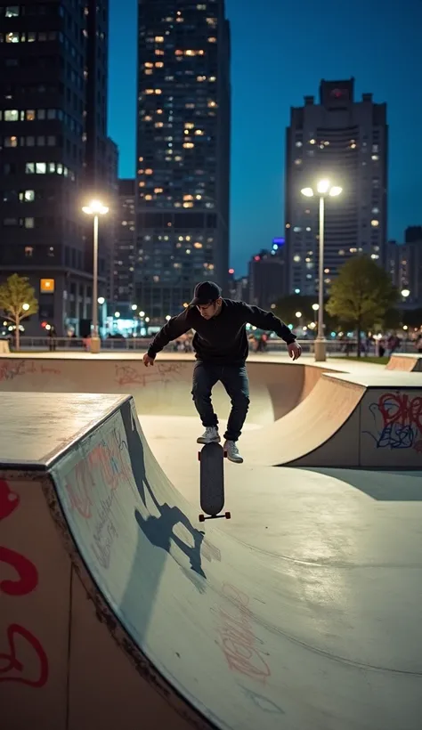 An urban skate park with signs of use, such as scratches and graffiti on the ramps. In the center, a skateboarder in motion, captured at the exact moment of a jump, symbolizing overcoming and victory amidst the challenges of the urban environment.
The back...