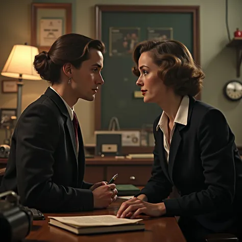 Young writer of a radio novel ,  talks to a woman dressed as a dark-colored secretary ,  a little older than the very happy one of the 1950s