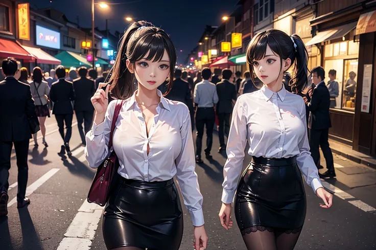 ( masterpiece :1.2), ( Best Quality :1.1, ( lyrics:1.3),  Very detailed 8k CG unit wallpaper ,  depth of field, HDR-10, realistic, detailed eyes, 2 sexy women , standing,   view from the front,  big breasts, black hair short ponytail,  purple eyes, office ...