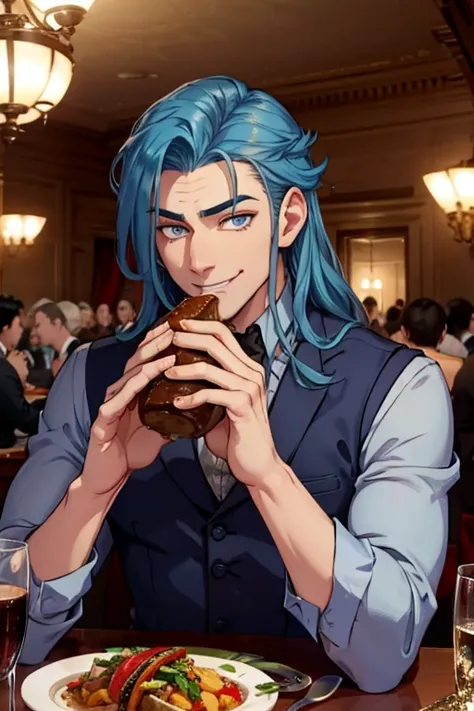 Perfect face. Perfect hands. A muscular blue haired man with silver eyes and long hair in a Gothic suit is smiling while eating dinner in a Gothic ballroom