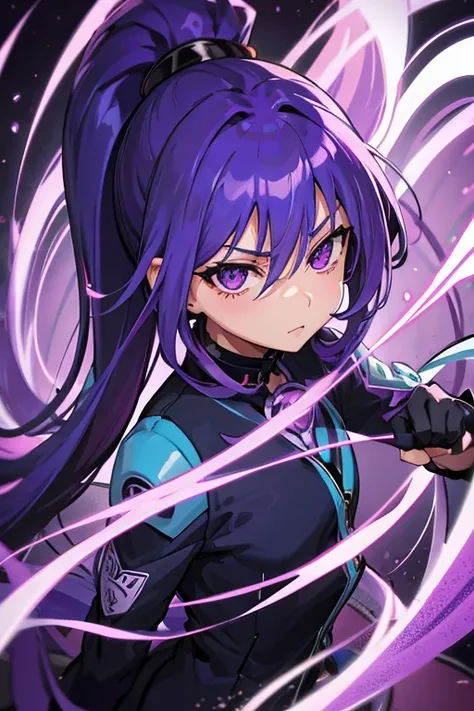 Blue-purple hair, Ridiculously long hair, Hair between the eyes, High Ponytail, purple eyespurple suit, Anime Color,