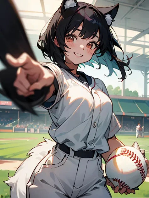  1 girl、Anime style painting、       、smile、       black hair      、smile、   、       perfect lighting、Dog Ears，baseball，