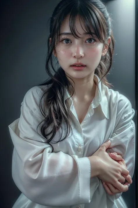 ((Hug yourself with own both hands: 1.4)),(1 woman),(beautiful Japanese woman,multiparous), (embarrassed, blush : 1.4),(orgasm face:1.4) ,(distressed face:1.4), ((wearing  White business blouse with a collar and long skirt)),(low ponytail),in Japanese apar...