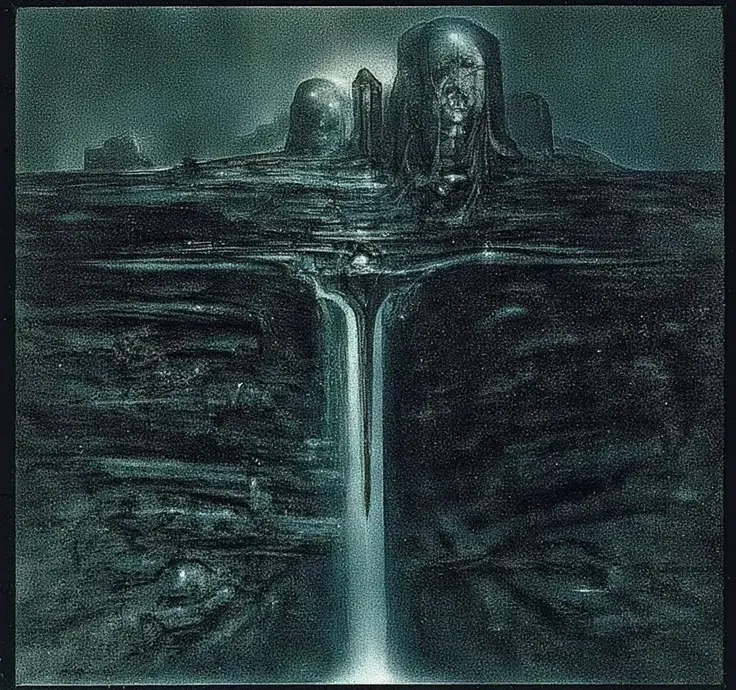 HRGGR, The image is a detailed view of H.R. Gigers biomechanical tableau " HRG NY City" plate, featuring The painting presents a haunting cityscape, dominated by towering, monolithic structures that seem to pierce the sky. The city is enveloped in a thick,...