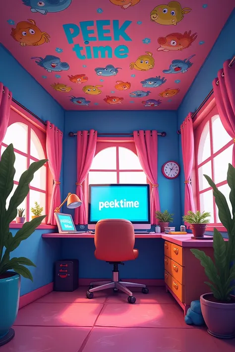 There should be a game room with peektime written on the wall and a computer in the room, with peektime written on the computer and colorful animal pictures on the ceiling.