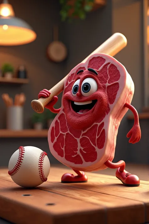 Help me by creating a piece of meat animated with a baseball and a baseball bat and containing in the name of steakhouses 