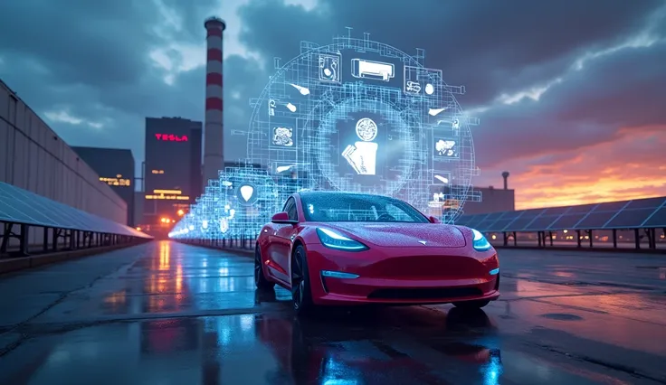 2. Teslas Role in Innovation Beyond EVs
Prompt:
"A Tesla factory in the background, with a vibrant depiction of Tesla cars, solar panels, and futuristic technologies. Overlay this with holographic icons of healthcare, AI, and medicine to represent Teslas i...