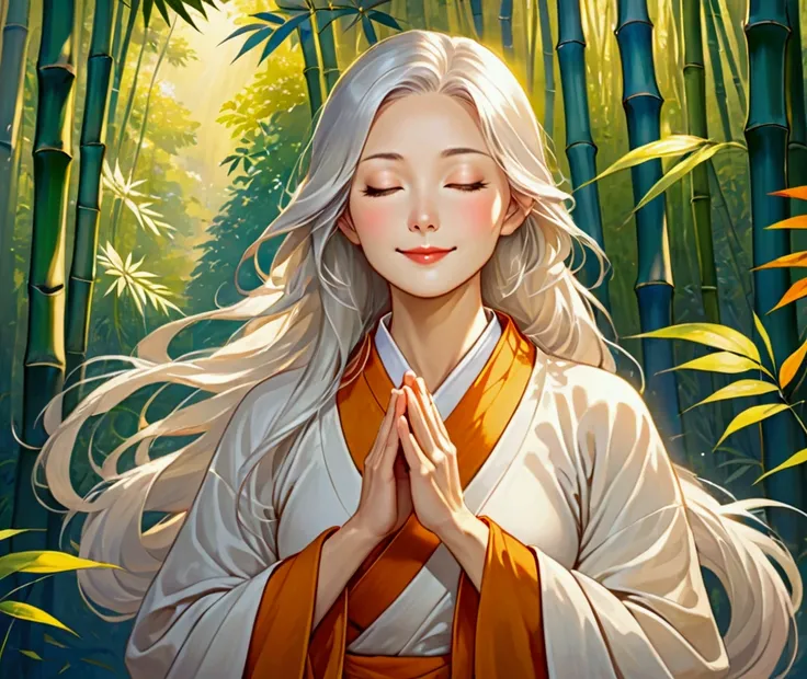 A graceful and wise woman, aged 30-40, with silver-white long hair flowing smoothly over her shoulders. She wears a traditional monk-like robe, loose and covering her hands. Her face is serene, with a warm smile. She is meditating in a tranquil bamboo fore...