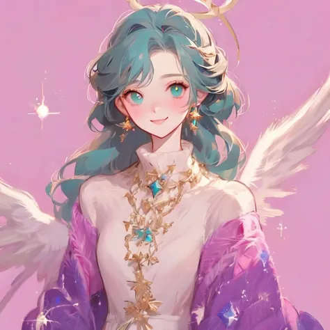 woman,  I have teal hair  , red eyes, smile,  angel wings , Golden halo,  white dress,   standing upright  , In space, Milky Way in the background, Distant Star,  upper body