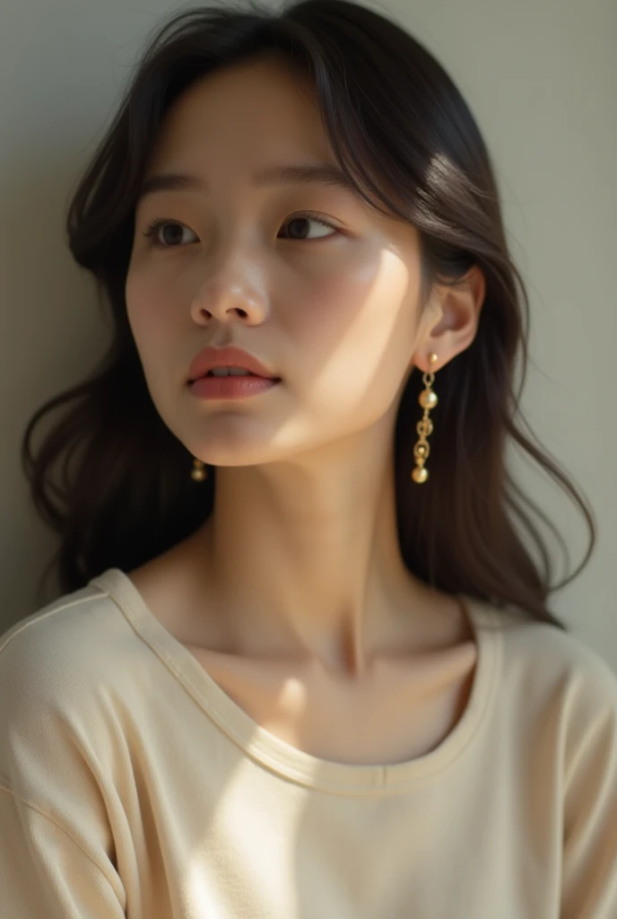 「The photo was taken indoors with natural light at 4K resolution.、Natural portrait of a young woman with good eyes and nose 。She is long-style, 、 looks softly to the side while looking at the camera。 wearing a simple top in a calm cream color、The modest go...